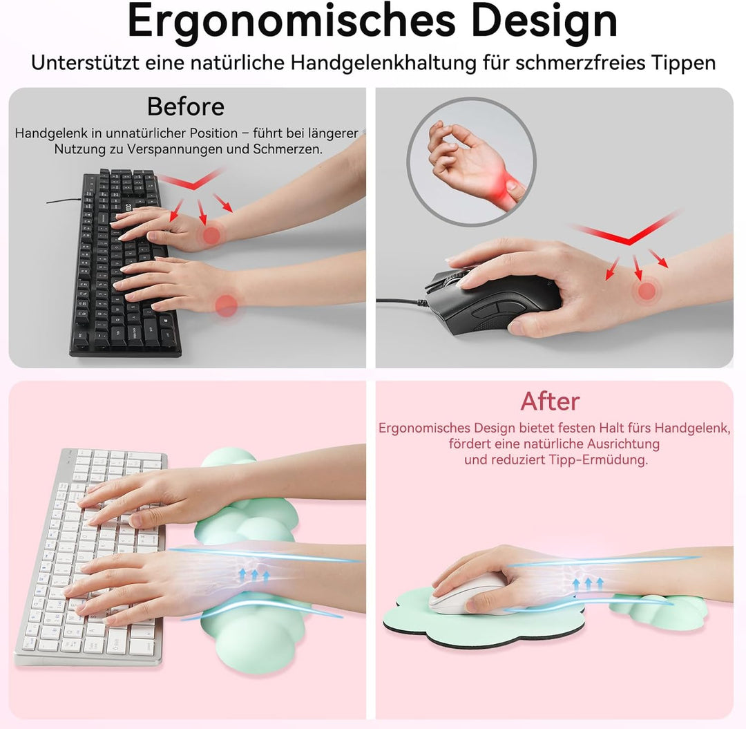 Memory‑Schaum Cloud Handballenauflage Tastatur‑Set, 4‑in‑1: Ergonomische Tastatur Handballenstütze &