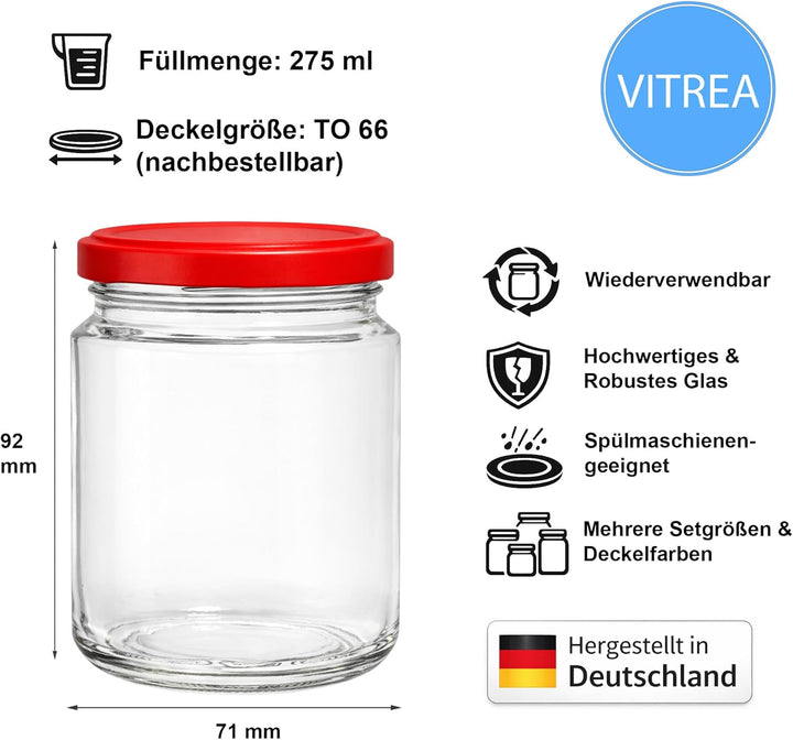 Vitrea 100x Marmeladengläser 275 ml - mit Deckel Rot TO 66 - Einmachgläser zum befüllen mit Schraubd