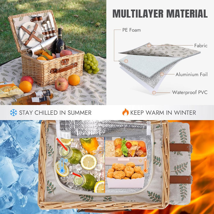 HappyPicnic Picknickkorb-Set für 2 – Weiden-Picknickkorb mit wasserdichter Decke & isoliertem Innenf