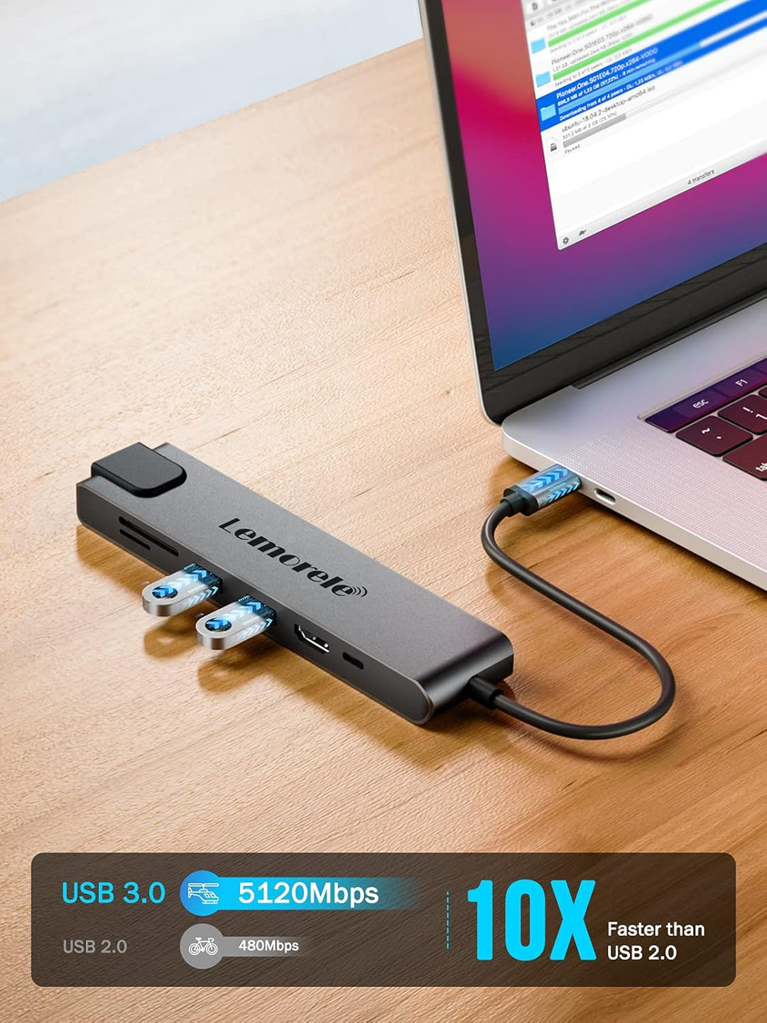 Lemorele USB C Hub, 7 in 1 USB C Aluminiumgehäuse Multiport Adapter mit RJ45, 100W PD, 4K HDMI, 2 US