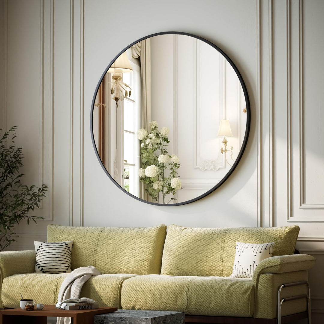 Spiegel Rund Schwarz 122cm, runder Wandspiegel mit Aluminiumrahmen, Einfache Montage, Modern Spiegel