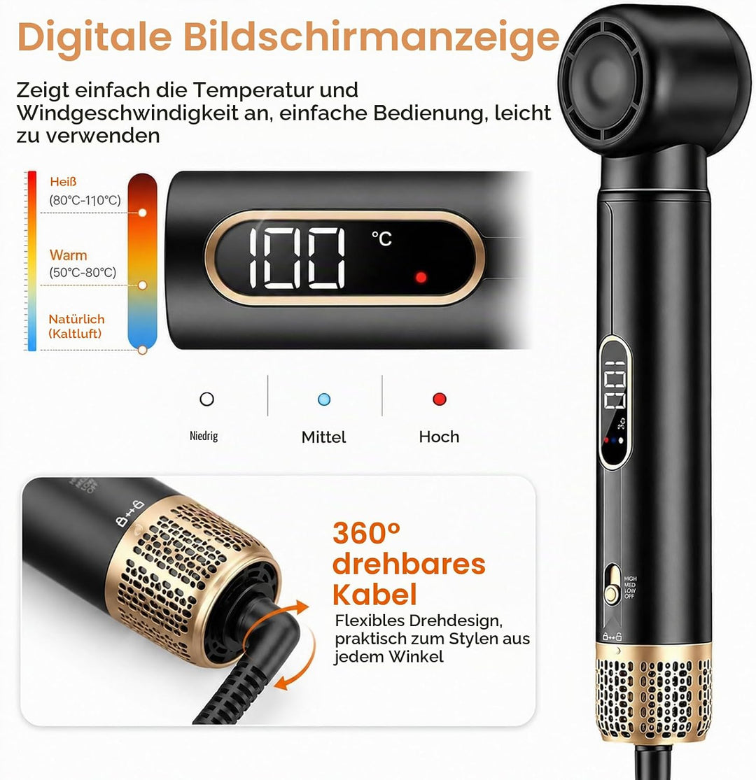 Hair Styler 5 in 1, Airstyler Haarstyler Set mit LCD-Bildschirm, Rundbürstenföhn, Warmluftbürste, Ai