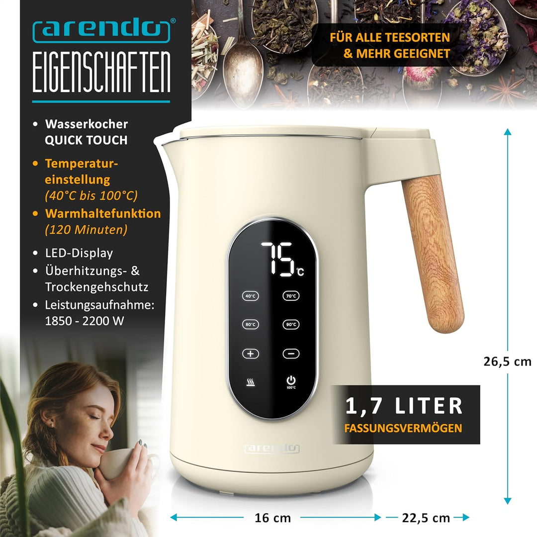 Arendo - Edelstahl Wasserkocher mit Temperatureinstellung 40-100°C - Doppelwand Design Cool Touch -