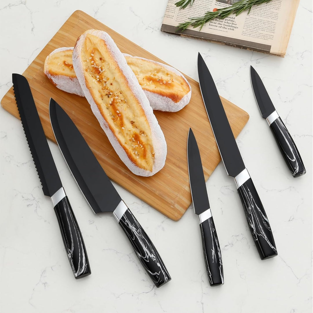 BEWOS Messerset, Schwarz Scharfe Edelstahl Küchenmesser Set, 5PCS Kochmesser Set ink. Kochmesser, Ge