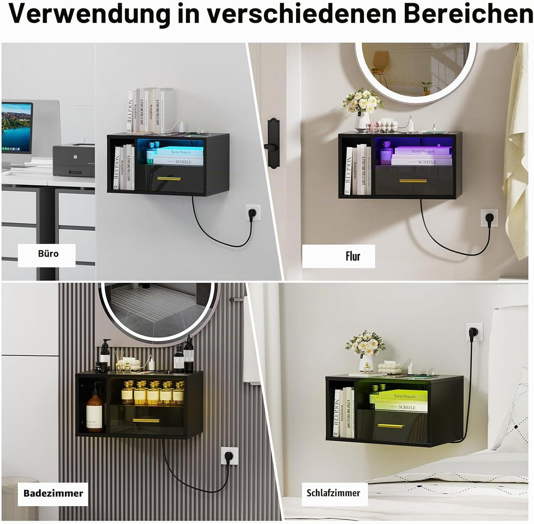 Nachttisch Hängend mit Steckdose, Nachtschrank mit 1 Schublade und Offenes Fach, Nachtkästchen Schwe