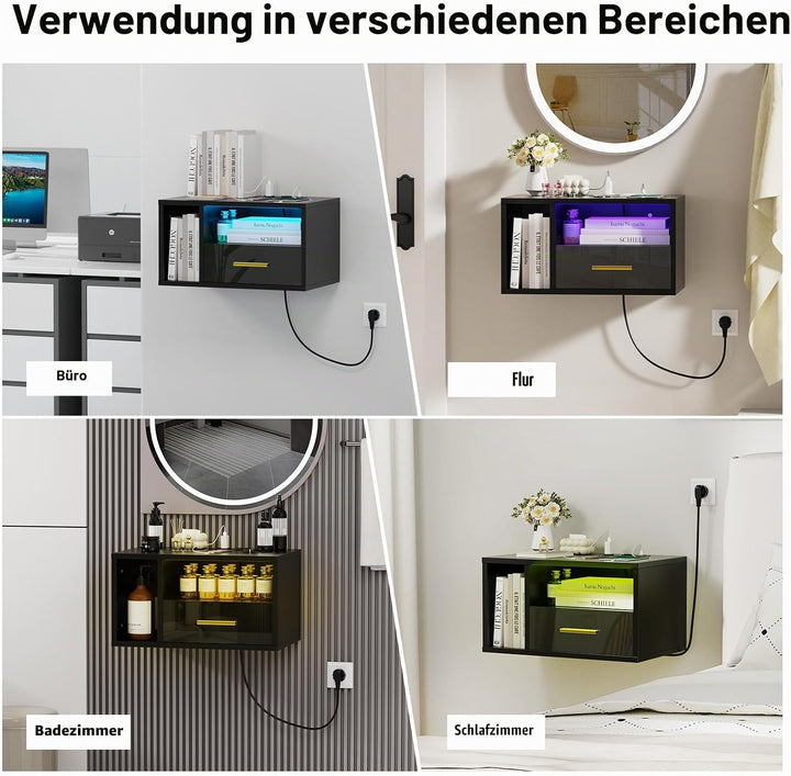 Nachttisch Hängend mit Steckdose, Nachtschrank mit 1 Schublade und Offenes Fach, Nachtkästchen Schwe