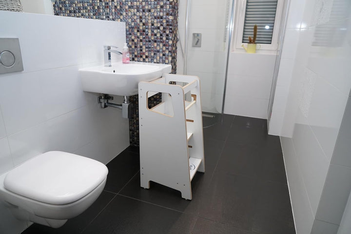 Baby Montessori Lernturm Kleinkind Trittstufe mit Verstellbarer Höhe und Sicherheitsschiene Kitchen