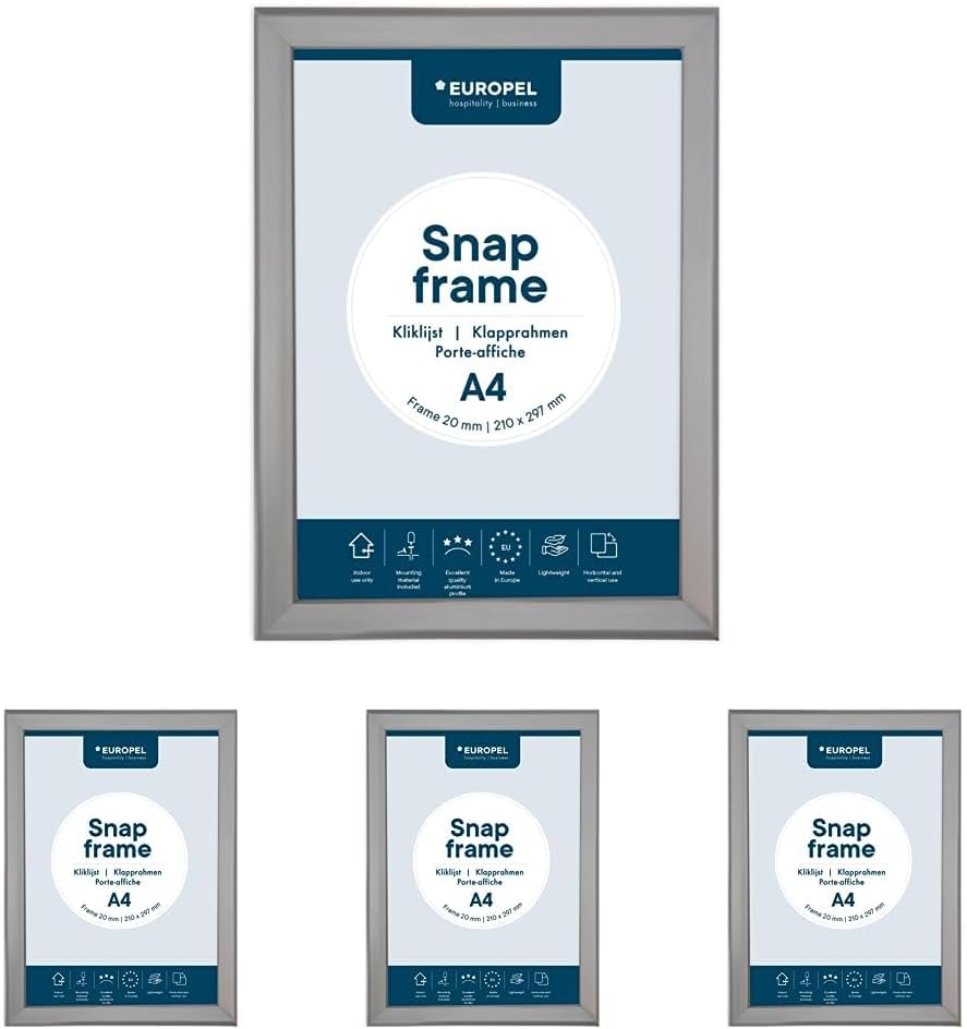 EUROPEL Klapprahmen A4 mit 20 mm Aluminium-Profil - aufklappbarer Plakatrahmen mit Gehrungsecke - Sc