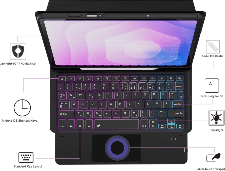 für Samsung Galaxy Tab S11 2025 Hülle mit QWERTZ Tastatur - Regenbogen-Hintergrundbeleuchtung Magnet