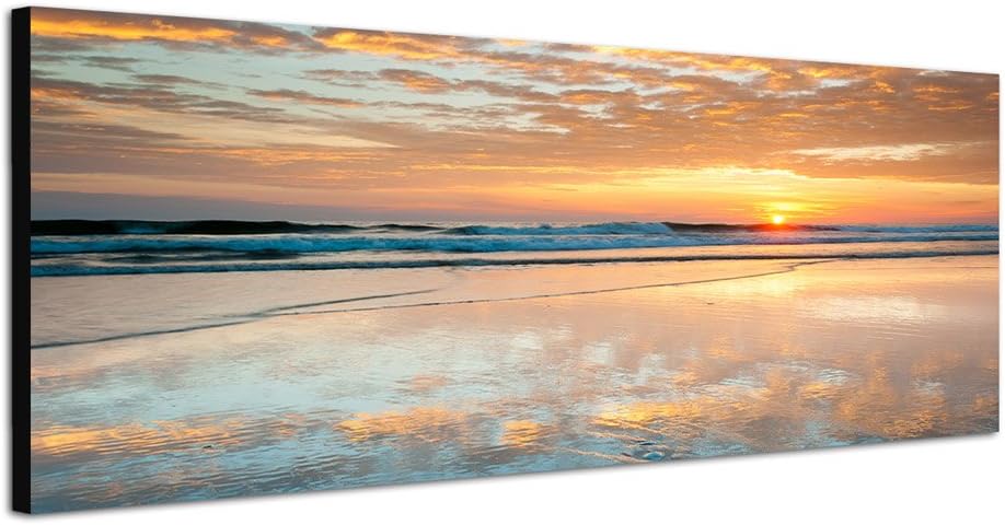 Paul Sinus Art Panoramabild auf Leinwand und Keilrahmen 150x50cm Strand Meer Wellen Wolken Sonnenauf