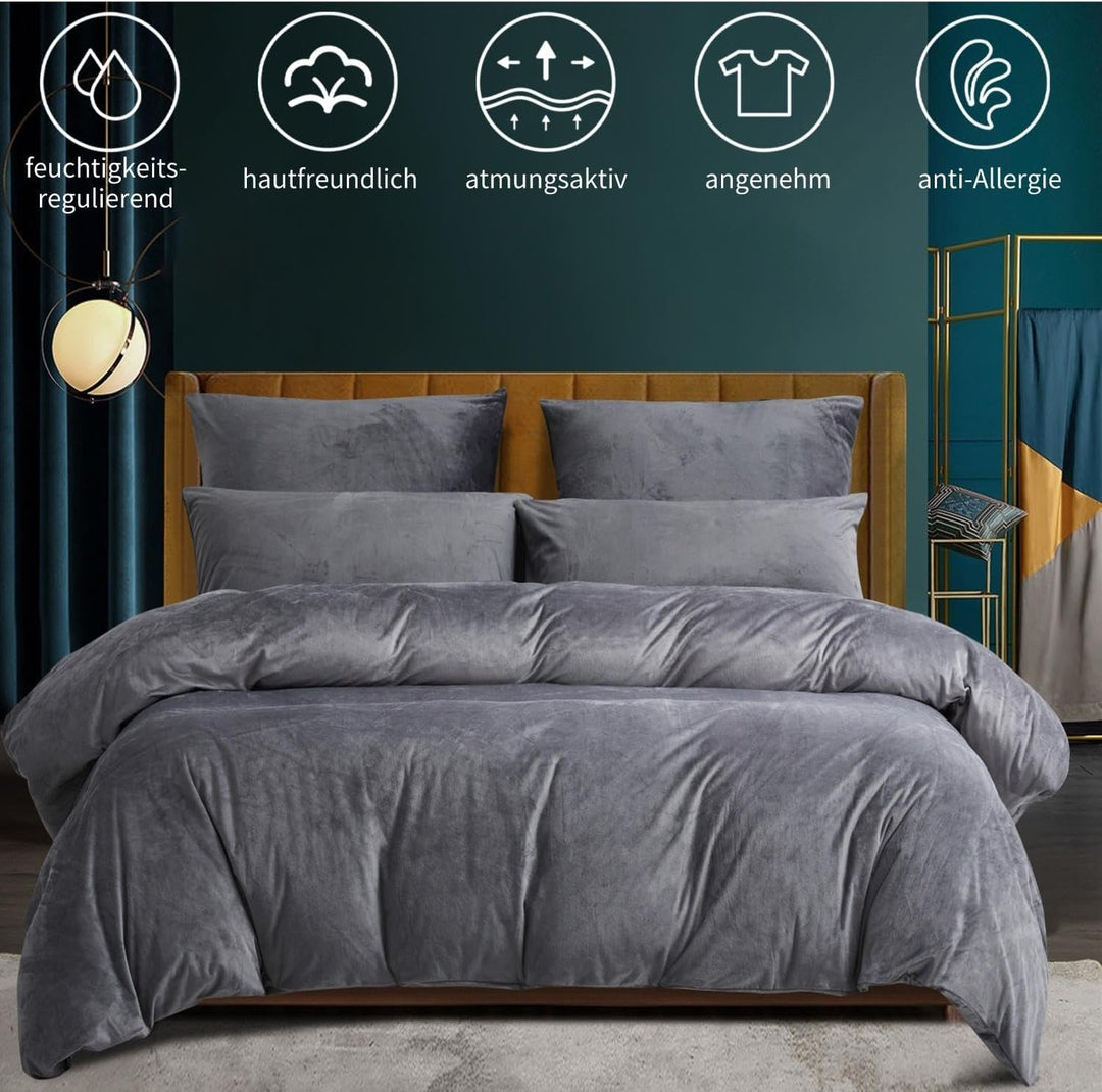 Boqingzhu Flanell Winter Bettwäsche 135x200cm 4Teilig Plüsch Biber Grau Warm Kuschelig Flauschig Bet