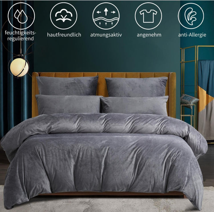 Boqingzhu Flanell Winter Bettwäsche 135x200cm 4Teilig Plüsch Biber Grau Warm Kuschelig Flauschig Bet