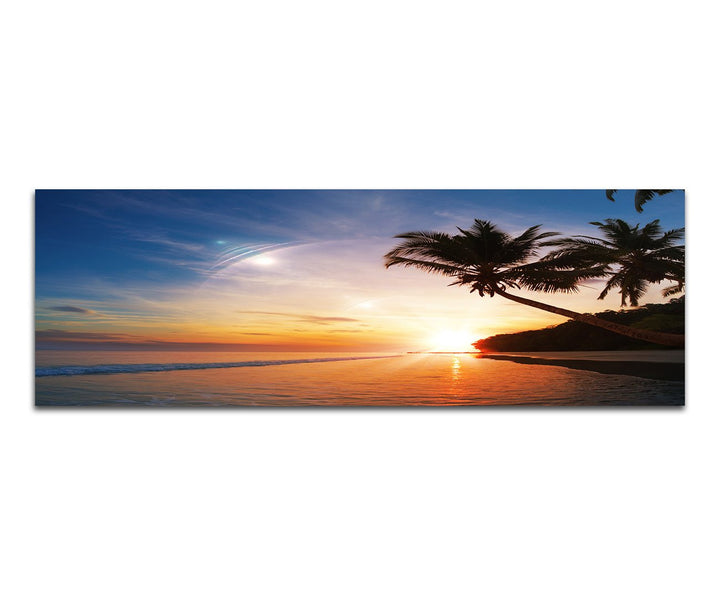 Panoramabild auf Leinwand und Keilrahmen 120x40cm Strand Meer Palmen Sonnenuntergang