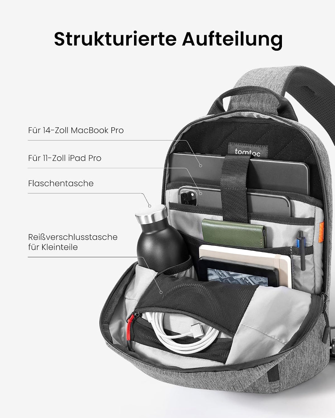tomtoc Kompakt Sling Bag, Minimal Einzelgurt Schulterrucksack für 14-Zoll MacBook Pro, Wasserresiste