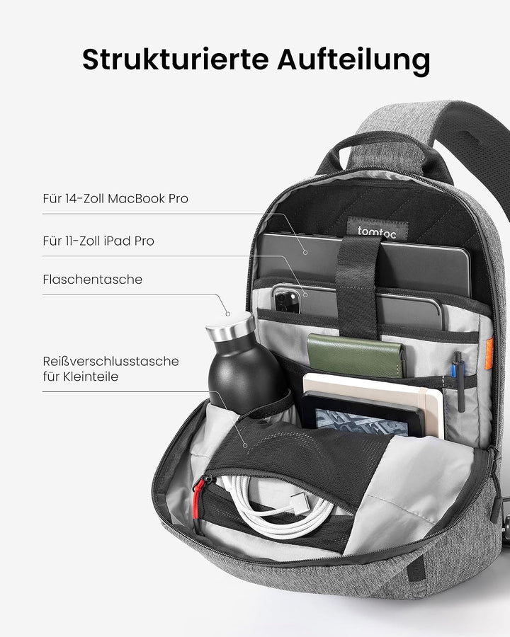 tomtoc Kompakt Sling Bag, Minimal Einzelgurt Schulterrucksack für 14-Zoll MacBook Pro, Wasserresiste