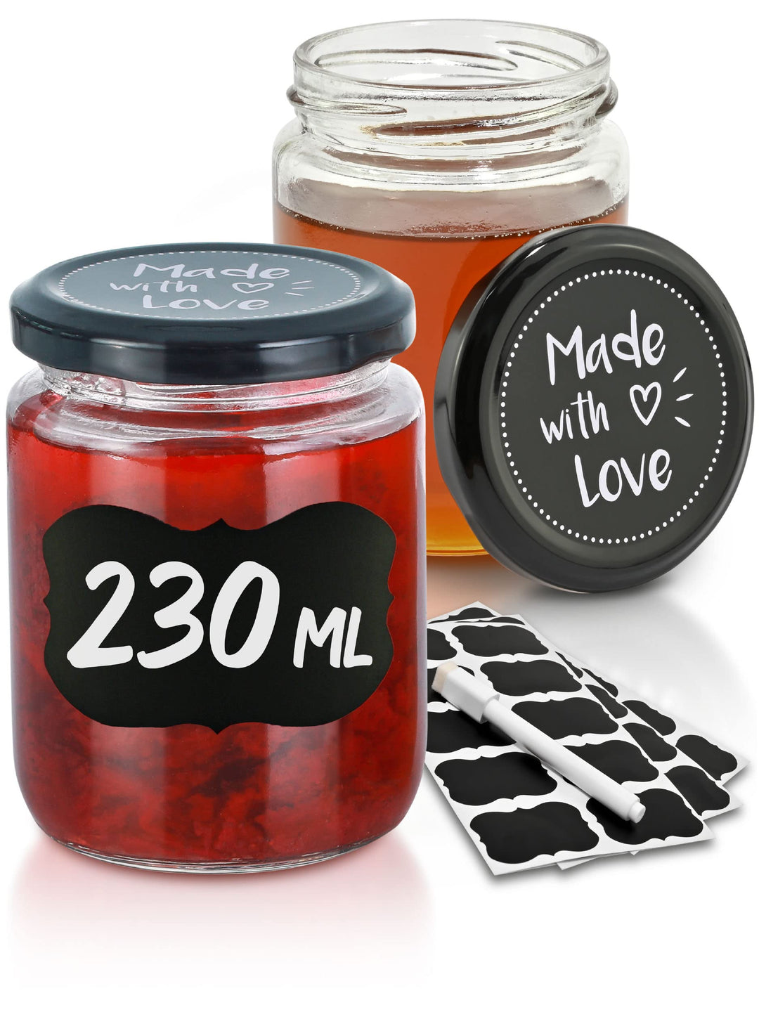 Praknu 25 Marmeladengläser 230 ml mit Deckel - Mit Etiketten & Stift - Luftdicht - Spülmaschinenfest