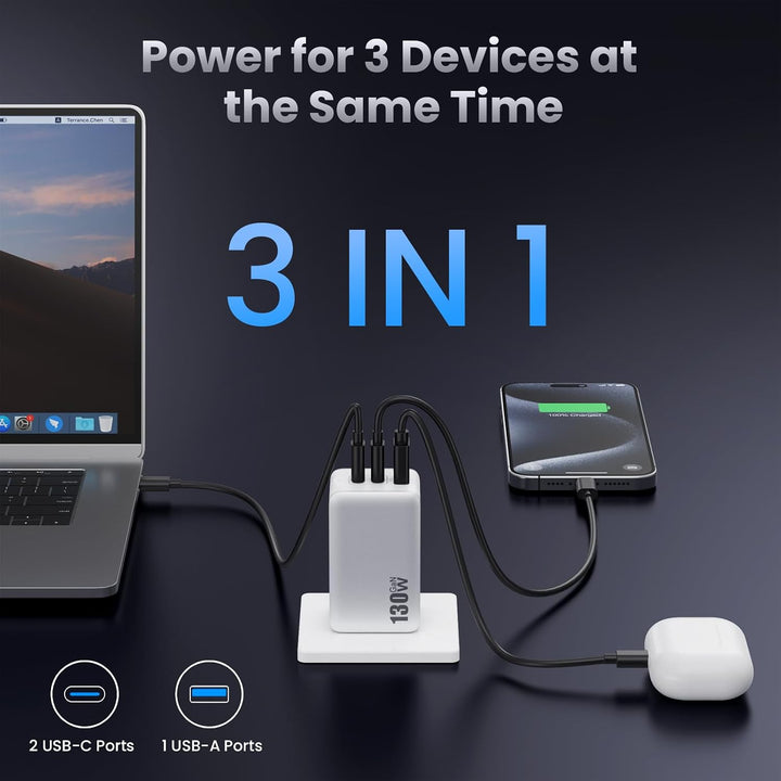 130W USB C Ladegerät, 3-Port GaN IV USB C Netzteil Laptop Ladegerät, 65W PD/PPS/QC Schnellladegerät