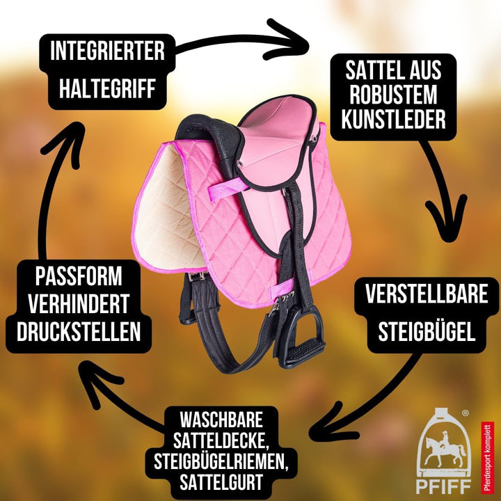 PFIFF 103106 Sattelset für Shettys oder Holzpferde, Komplettset, Kindersattel, Rose, Rose
