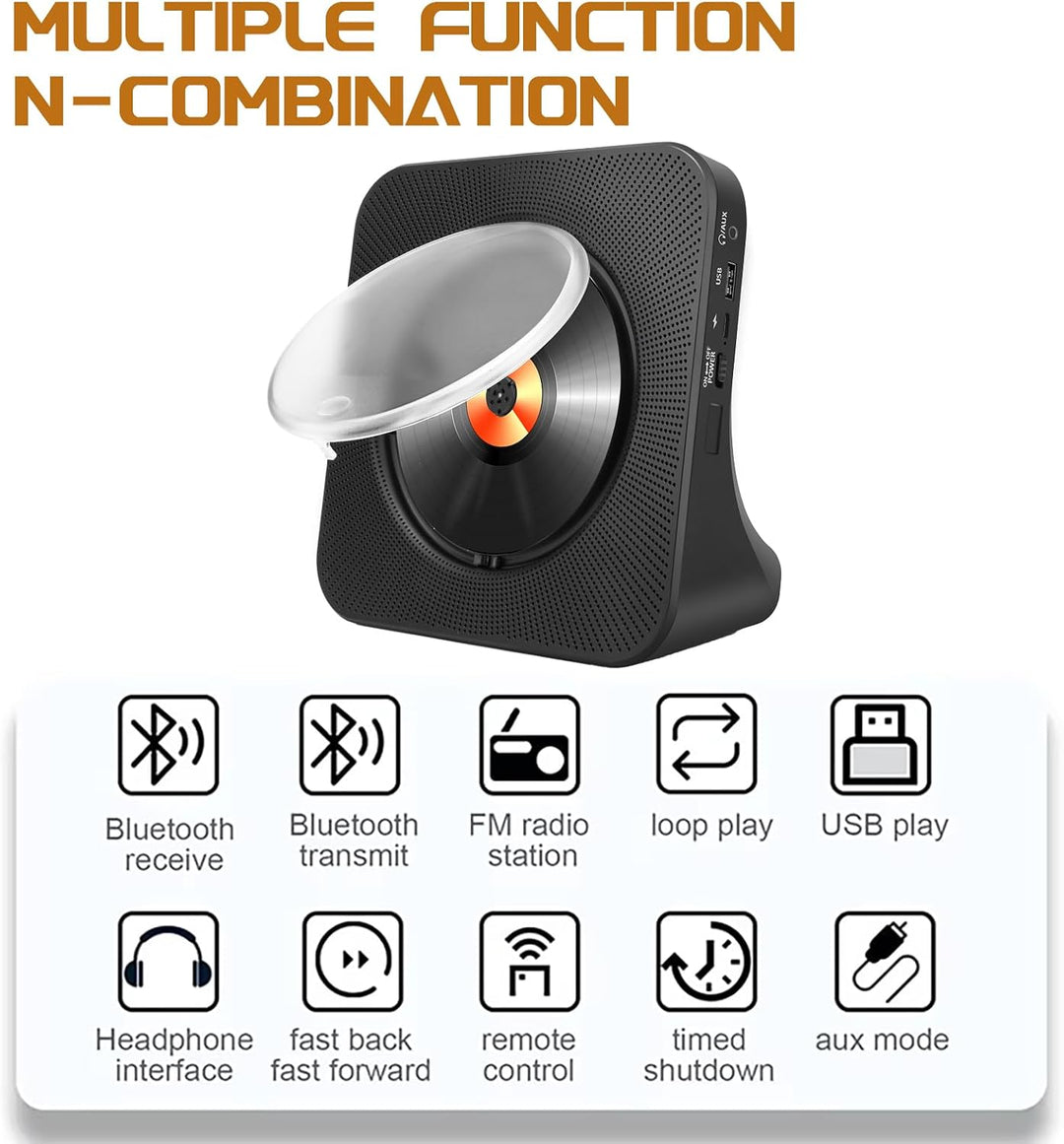 Tragbarer Bluetooth CD-Player mit Lautsprechern - 8-in-1 HiFi-Stereo-Soundsystem für Zuhause, unters