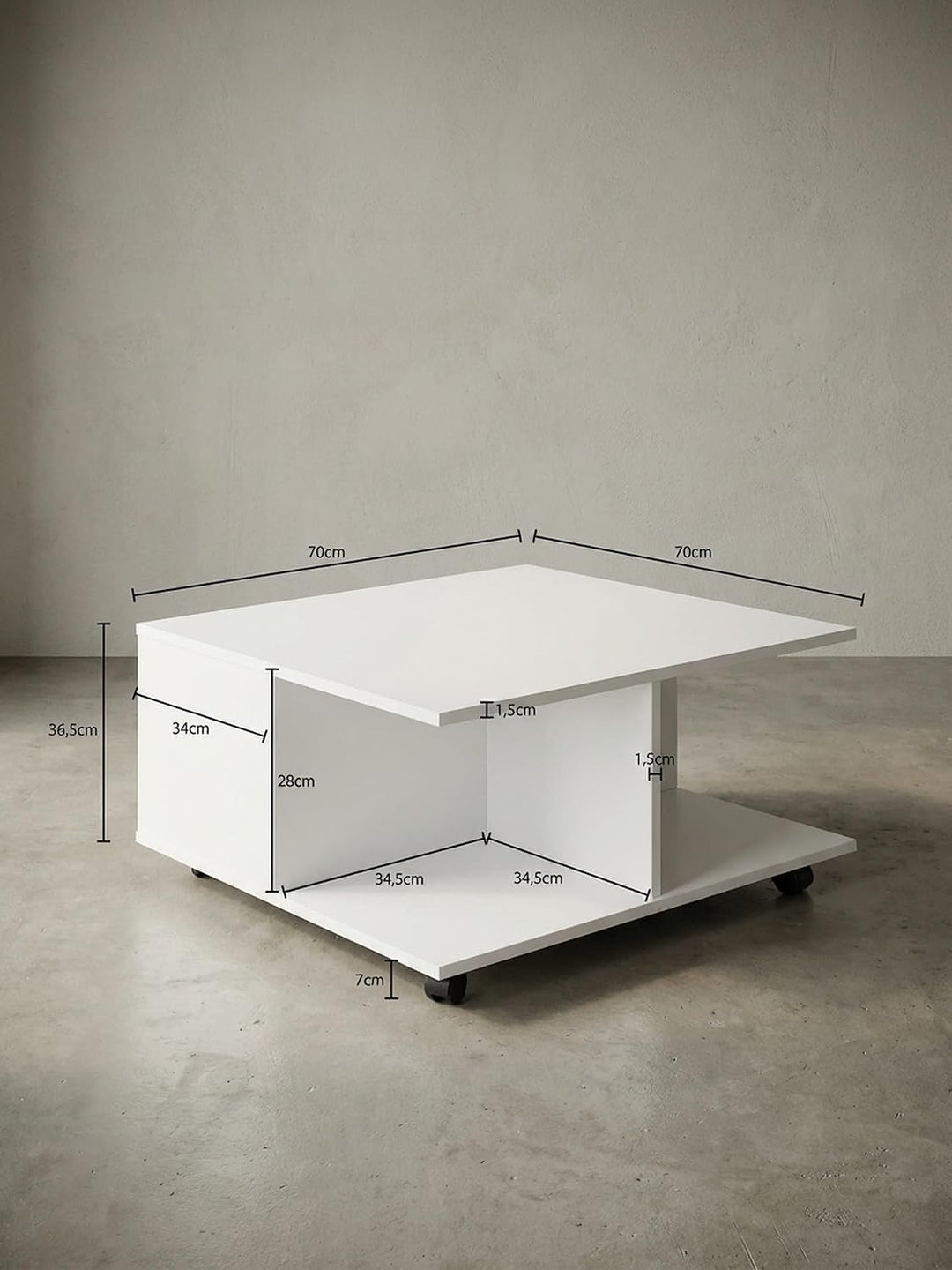 Couchtisch RAPIDO: 70x70x36,5 cm, 2 Schubladen, Rollen, Melaminharzbeschichtung, Weiss/Anthrazit Far