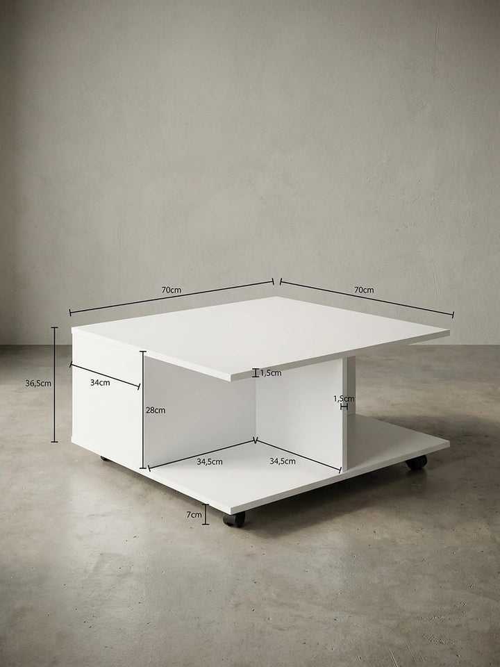 Couchtisch RAPIDO: 70x70x36,5 cm, 2 Schubladen, Rollen, Melaminharzbeschichtung, Weiss/Anthrazit Far
