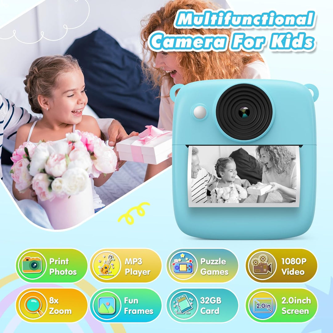 CalineGam Kinderkamera Sofortbildkamera, 48MP Sofortbildkamera Kinder mit 32GB Karte & Druckpapier,
