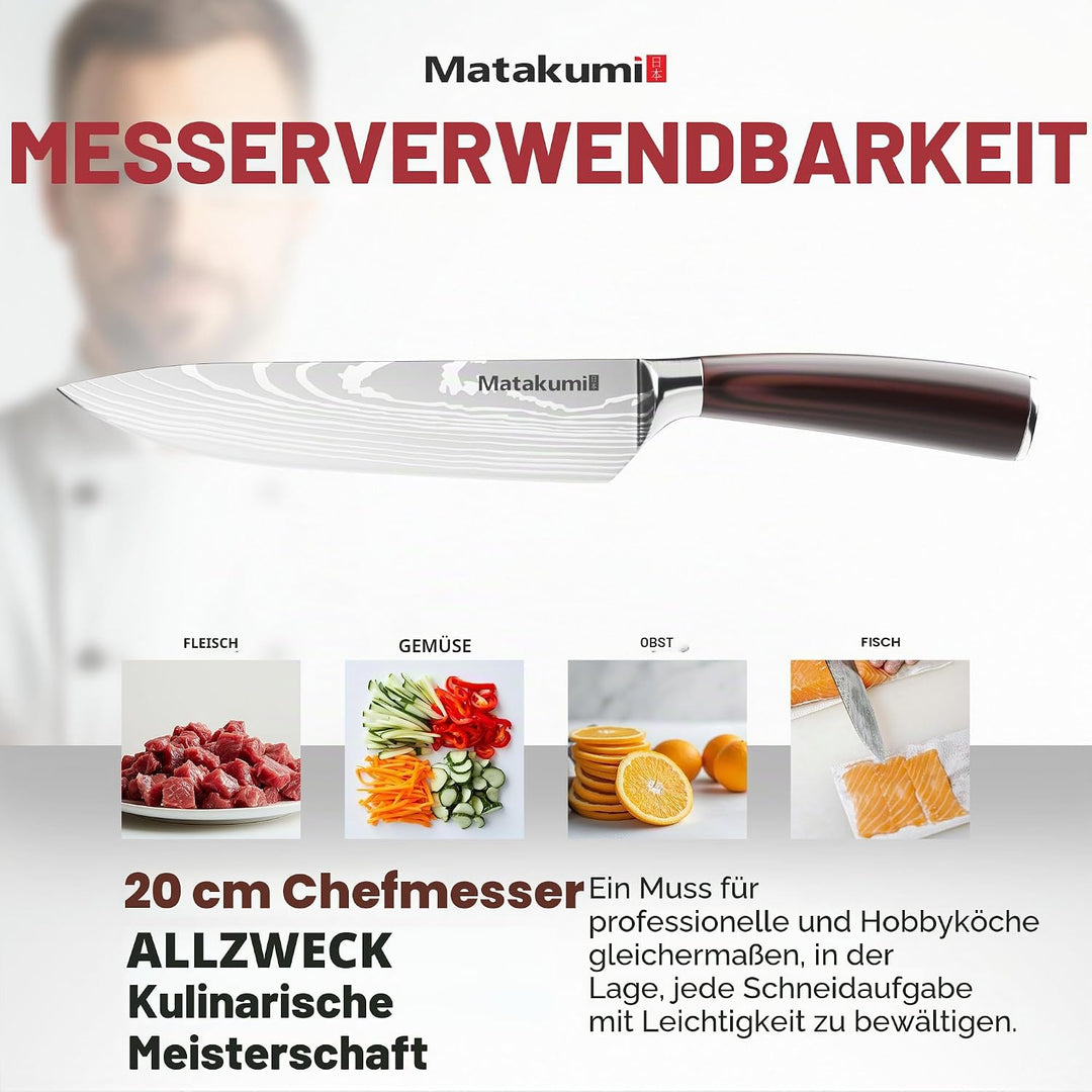 Matakumi Kochmesser mit 20 cm Klingenlänge, Extra Scharfe Chefmesser mit Ergonomischem Pakkaholz-Gri