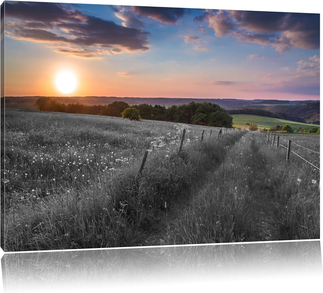 Pixxprint Bergwiese im Sonnenaufgang / 100x70cm Leinwandbild bespannt auf Holzrahmen/Wandbild Kunstd