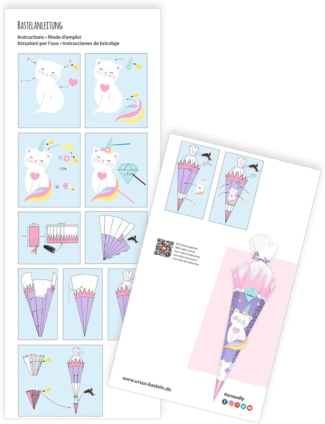 Ursus 9910001 - Schultüten-Bastelset "Kittycorn", aus 3D-Colorwellpappe 260 g/m², Set zum Basteln ei