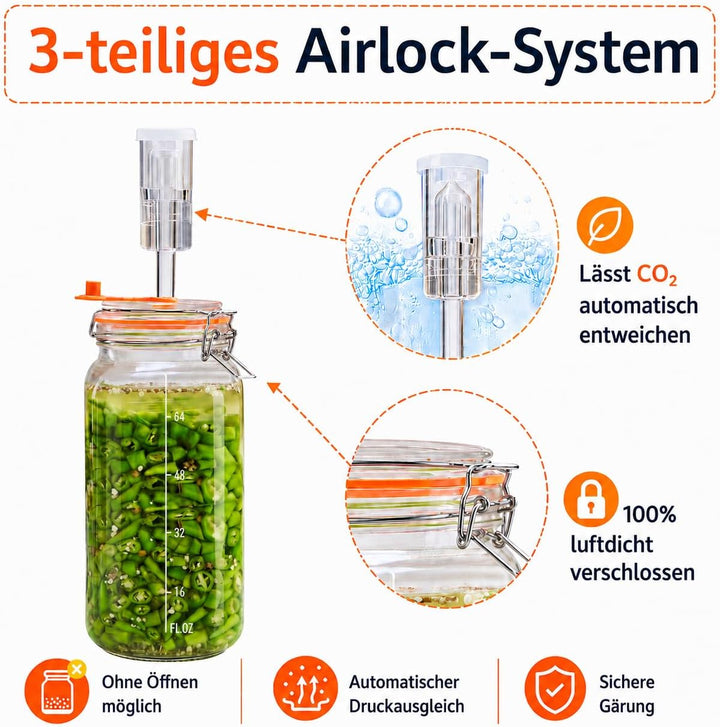 Fermentierglas 2 L – Quadratisches Glas-Fermentierset mit Gewicht für Sauerkraut, Hot Sauce, Met, Ci