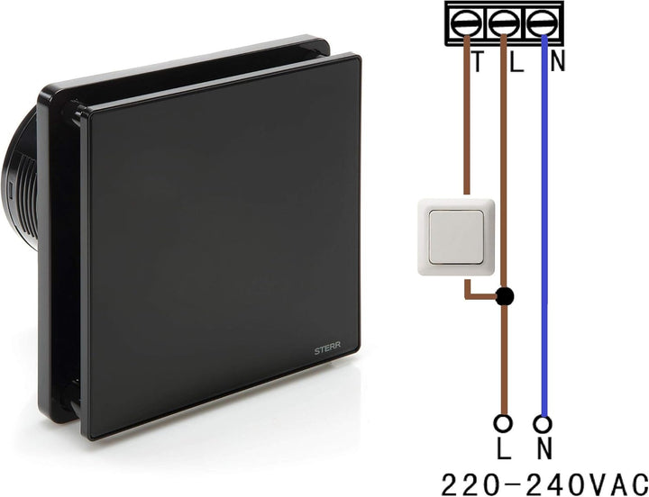 STERR Schwarzer Badlüfter 100 mm mit TIMER - Badezimmerventilator - Glasfront - Modernes Aussehen -
