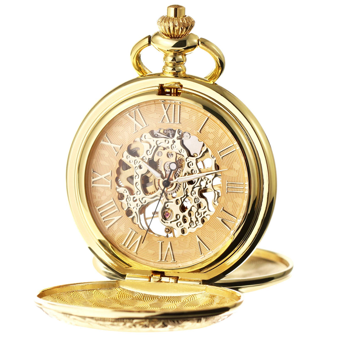 TREEWETO Unisex Taschenuhr mit Kette Mechanische Handaufzug Doppelscharnier Antik Skelett Römische Z