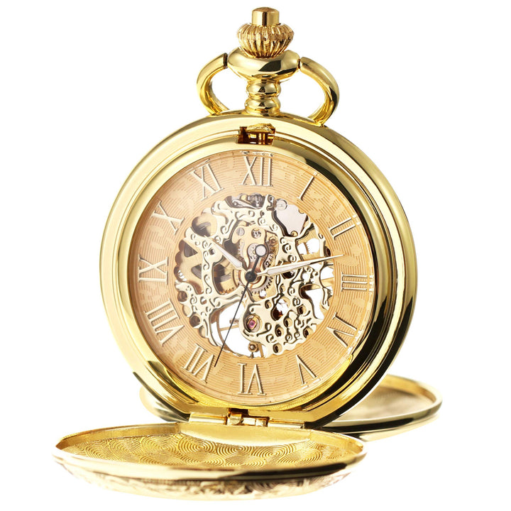 TREEWETO Unisex Taschenuhr mit Kette Mechanische Handaufzug Doppelscharnier Antik Skelett Römische Z