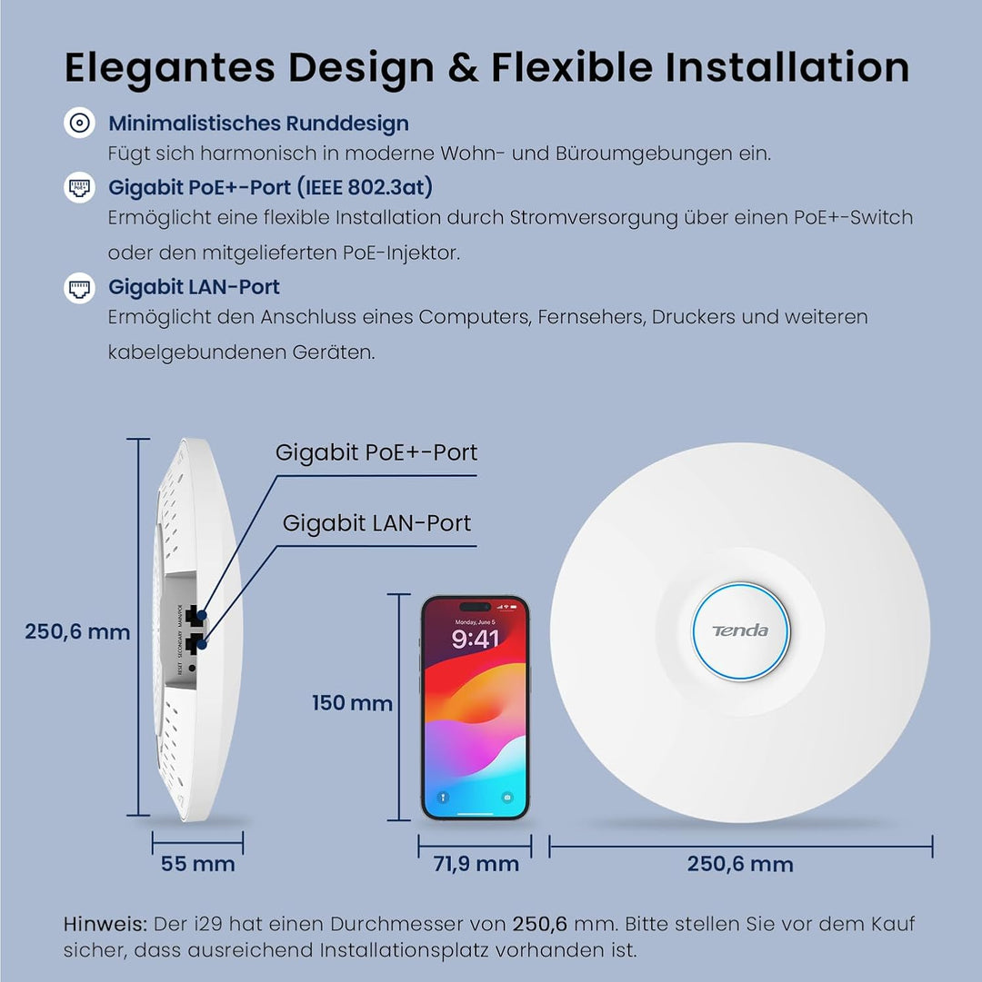 Tenda i29 AX3000 Access Point PoE WiFi 6 (802.11ax Dualband, MU-MIMO &amp; OFDMA, 2 Gigabit Ports, WPA3,