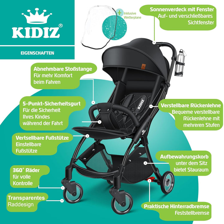 KIDIZ® Kinderwagen Premium Kinderbuggy klappbar Liegebuggy Sportwagen Faltbar 360°Räder 5-Punkt Gurt