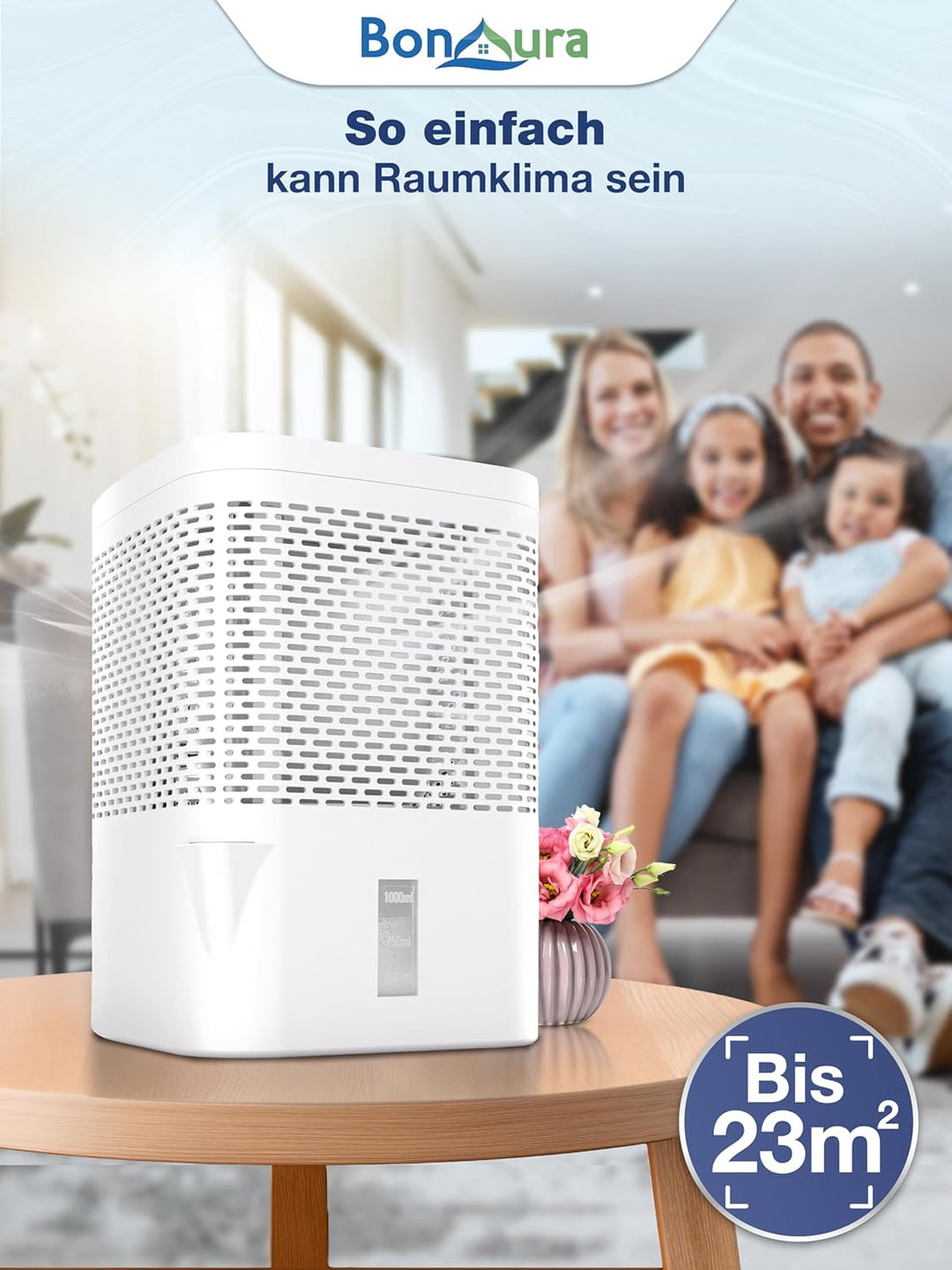 BonAura® AirOne Luftentfeuchter ohne Strom bis 23m² I 360° Belüftung I Raumentfeuchter mit Ausgiesse
