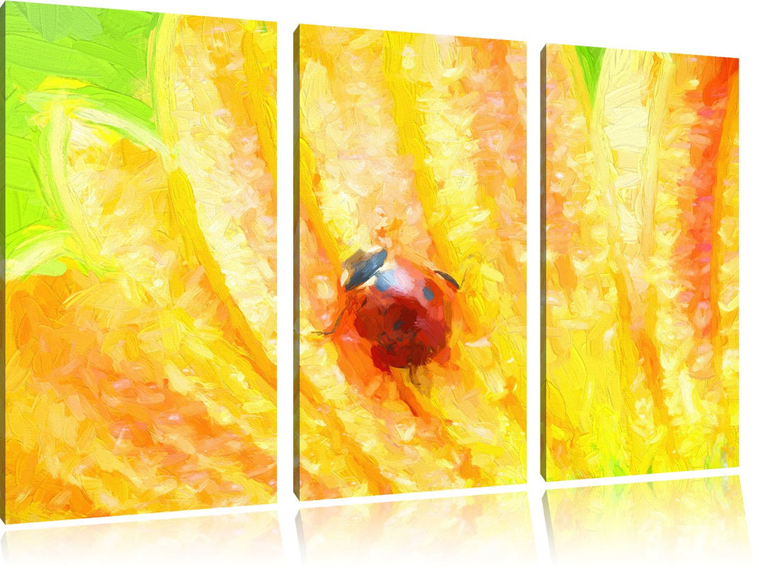 Pixxprint Marienkäfer auf gelber Blume Kunst Pinsel Effekt 3-Teiler Leinwandbild 120x80 Bild auf Lei