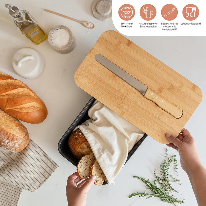 UCO Brotkasten Schwarz 38 cm mit Schneidebrett-Deckel und Messer, inklusive Stoff-Brotbeutel, Brot A
