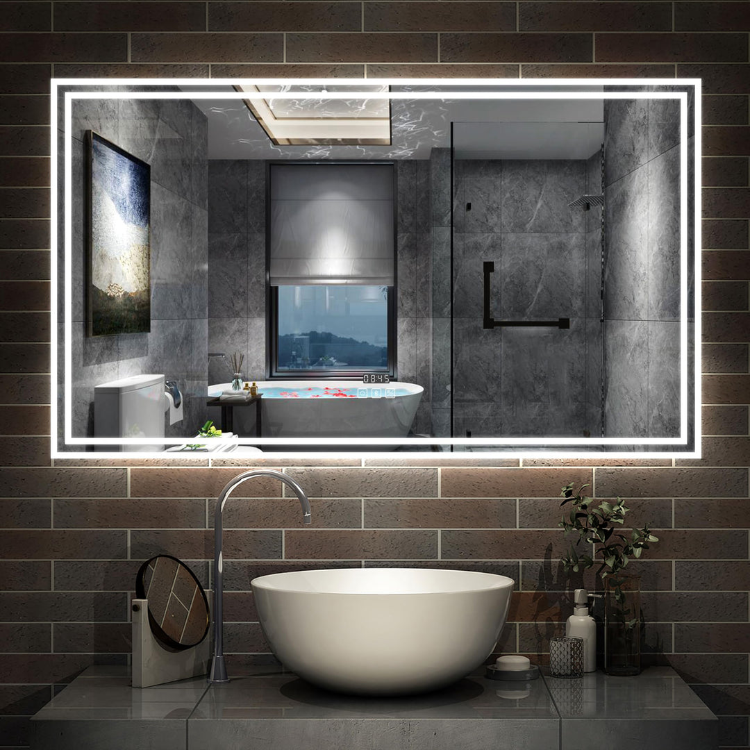Aica Sanitär LED Spiegel mit Bluetooth 100×60cm Uhr Kalt/Neutral/Warmweiss dimmbar Touch/Wandschalte