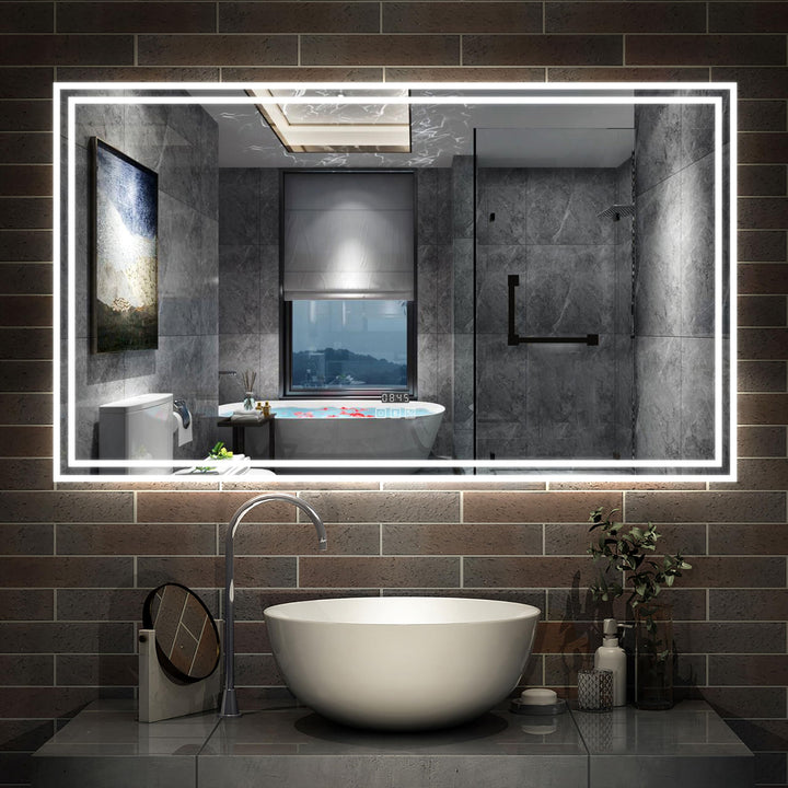 Aica Sanitär LED Spiegel mit Bluetooth 100×60cm Uhr Kalt/Neutral/Warmweiss dimmbar Touch/Wandschalte
