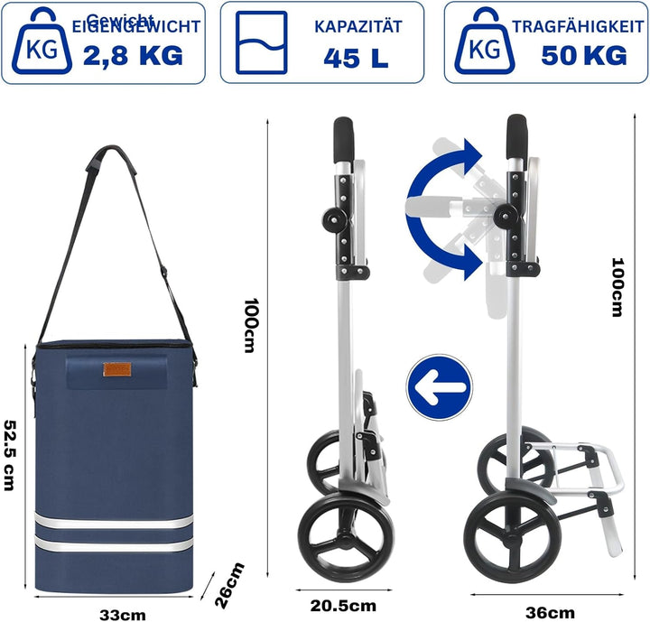 Allyson Einkaufstrolley klappbar mit 56L Kapazität ，3in1 Trolley Sackkarre & Umhängetasche，Einkaufst