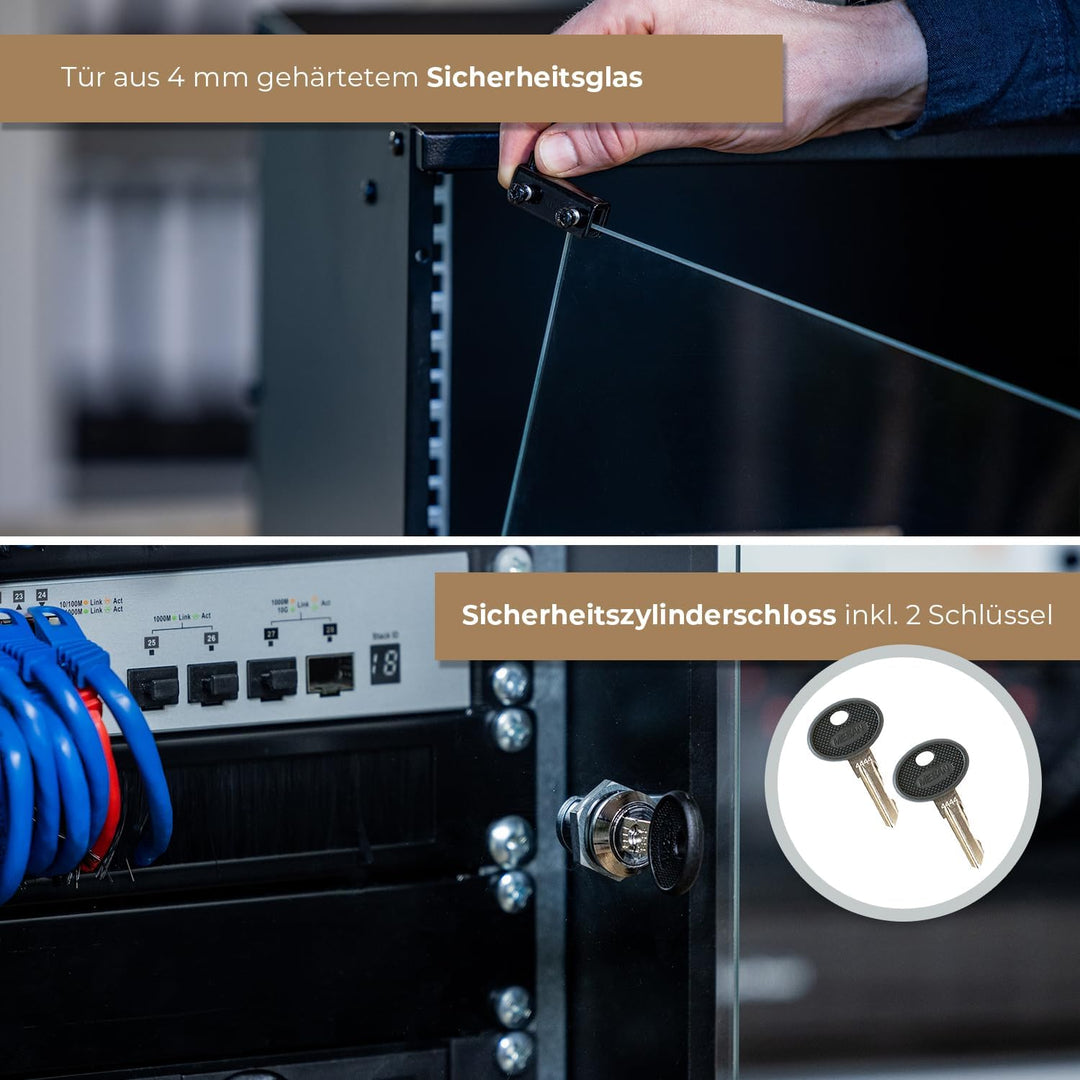 HMF 65704-07 Netzwerkschrank, Serverschrank 19 Zoll | 4 HE | 400 mm Tiefe | Glastür | Lichtgrau 4 HE