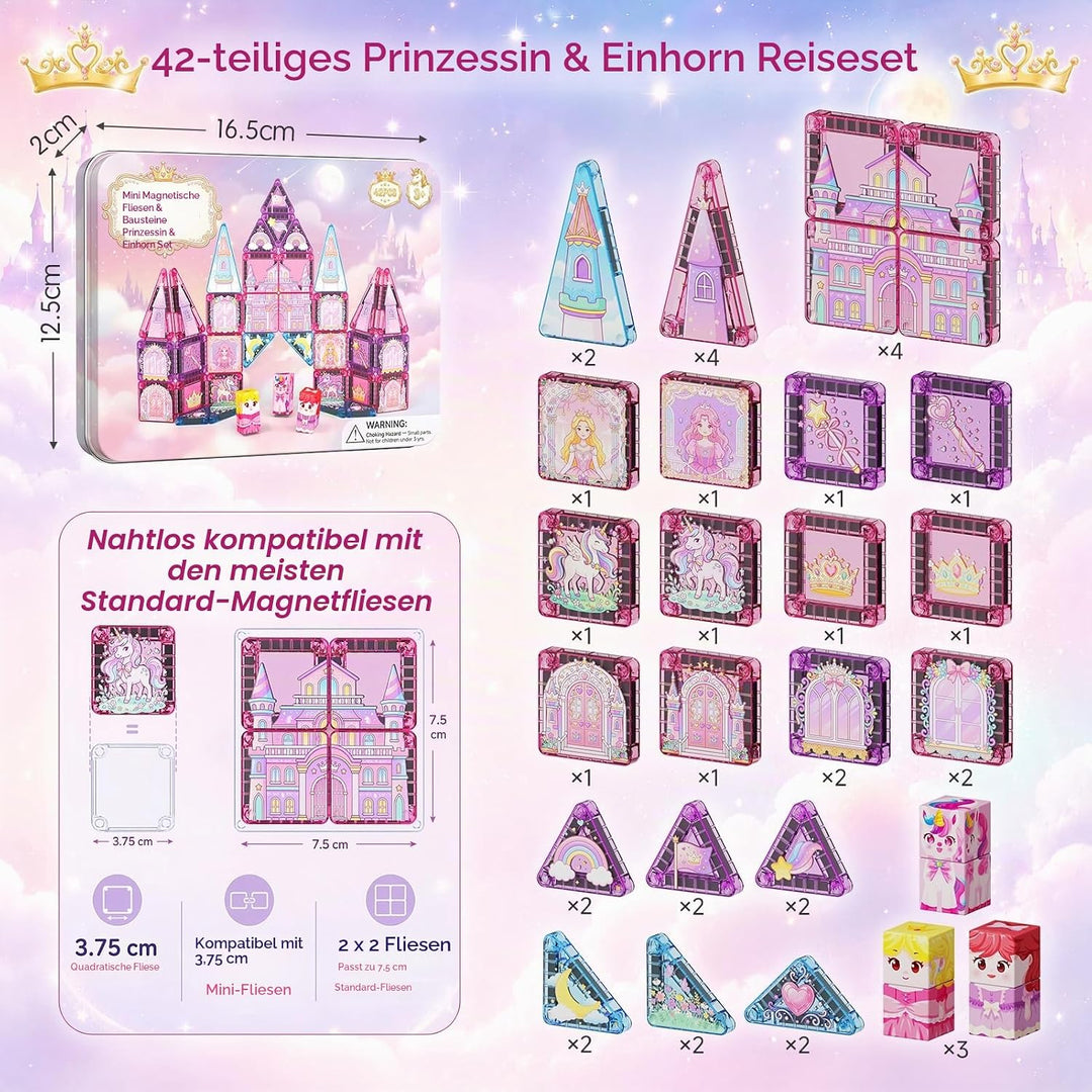 burgkidz Magnetische Bausteine Reisespielzeug für Mädchen: 42 Teile Prinzessin Einhorn Magnetische T