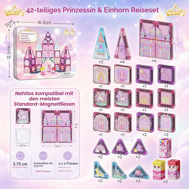 burgkidz Magnetische Bausteine Reisespielzeug für Mädchen: 42 Teile Prinzessin Einhorn Magnetische T