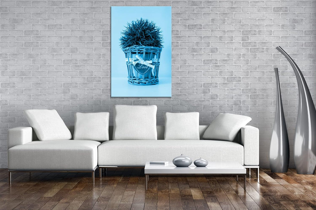 deyoli Schilf im Blumentopf Format 80x60 Effekt: Monocrome Blau als Leinwandbild, Motiv fertig gerah