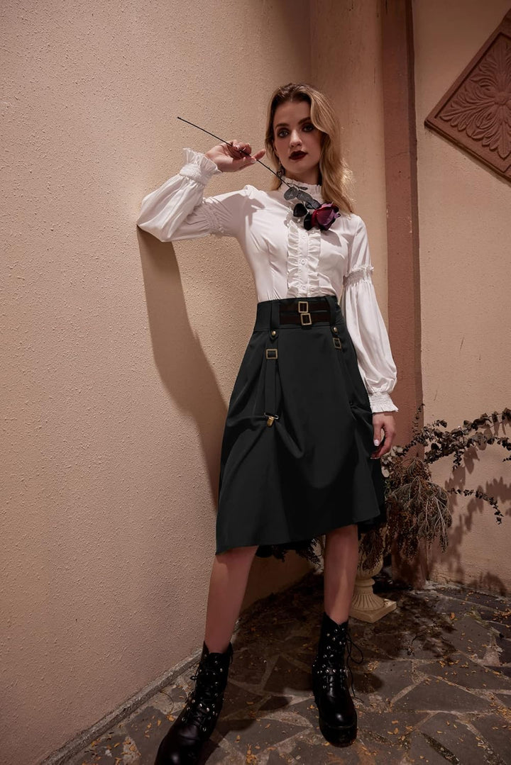 SCARLET DARKNESS Damen Mittelalter Rock Steampunk Knielang mit Schnalle und Riemen Gothic Rock Pirat
