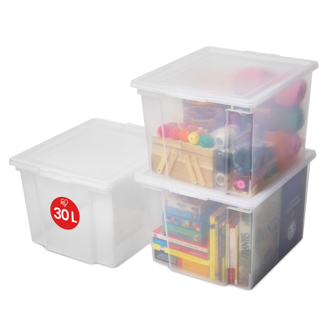 Iris Ohyama, 3er-Set, Aufbewahrungsboxen, 30 L, mit Deckel, stapelbar, Garage, Schlafzimmer, Wohnzim