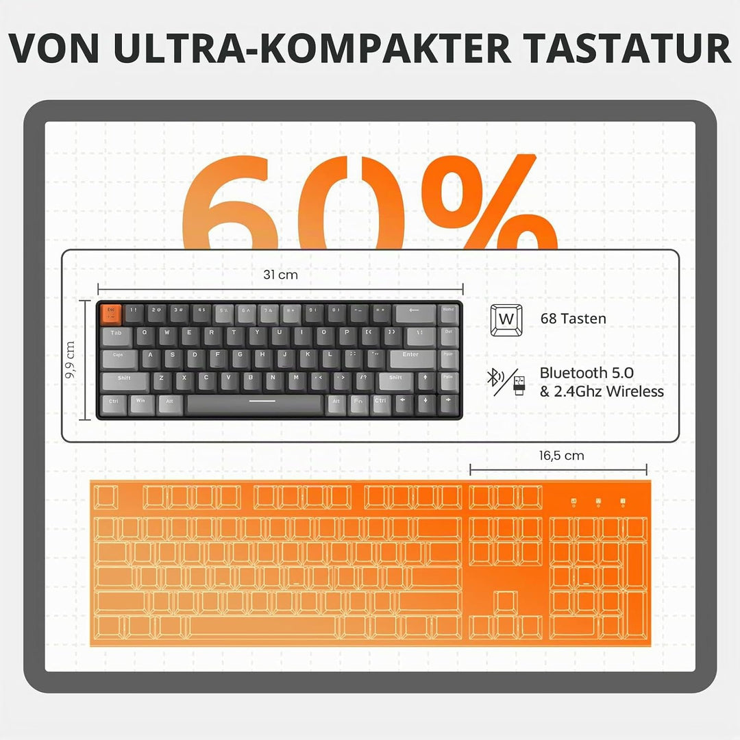 YINDIAO K68 60% Kabellose Mechanische Gaming Tastatur,Bluetooth 5.0/2,4 GHz,Kompakte 68 Tasten Mini