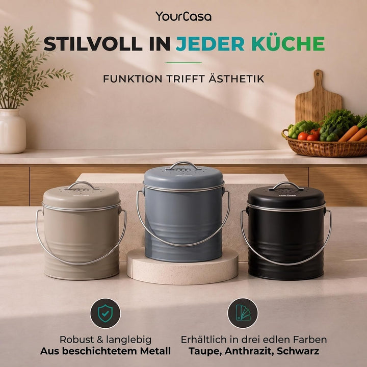 YourCasa Biomülleimer Küche 4L aus Metall [Kora] - geruchsdichter Bio Mülleimer mit Deckel &amp; Aktivko