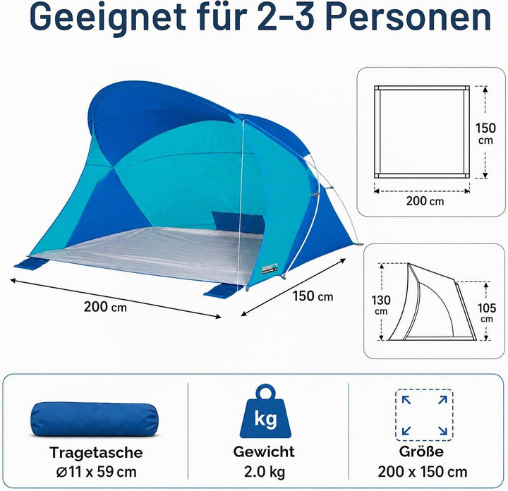 High Peak Strandmuschel mit UPF 40+, Windschutz und PU-2000-mm-Bodenplane | 200 x 150 x 130 cm für 2